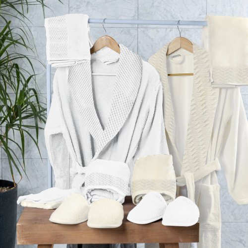 طقم روب قطن (اوف وايت وابيض)