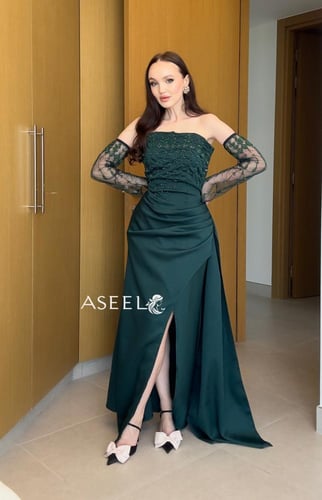 فستان زيتي سهرة بأكمام منفصله