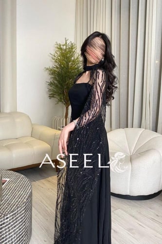 فستان سهرة شيفون بأكمام خارجيه مطرزة