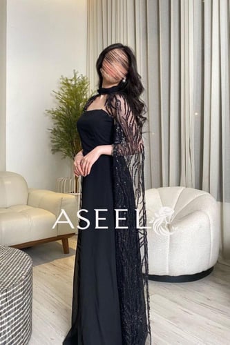 فستان سهرة شيفون بأكمام خارجيه مطرزة