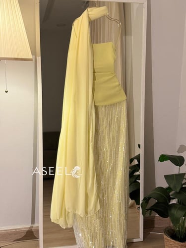 فستان ليموني سهرة مع وشاح