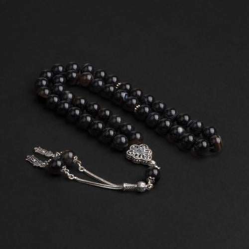 سبحة بحجر عقيق اسود مع شكة فضة 10مل