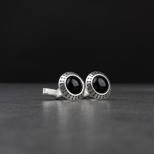 كبك رجالي فضة مع حجر أونيكس أسود