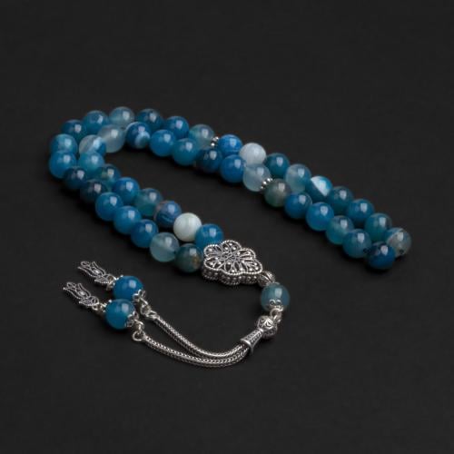 سبحة بحجر عقيق أزرق مع شكة فضة 8مل