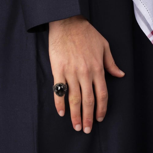 خاتم رجالي فضة استرليني مزين بحجر أونكس أسود ملكي
