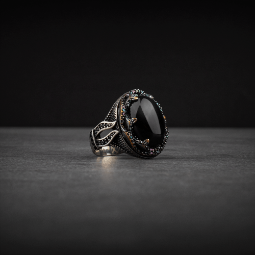 خاتم رجالي فضة استرليني مزين بحجر أونكس أسود ملكي