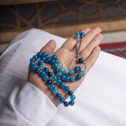 سبحة بحجر عقيق أزرق مع شكة فضة 10 مل