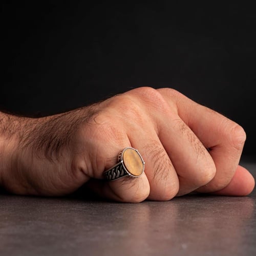 خاتم رجالي فضة بحجر عين النمر بتصميم السلاسل المتش...