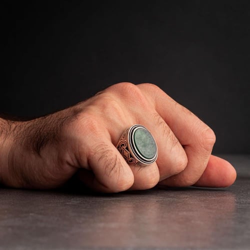 خاتم رجالي فضة استرليني مزين بحجر عقيق أخضر