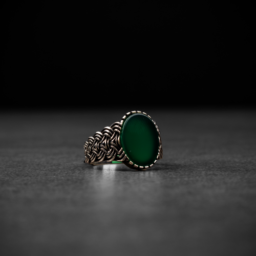 خاتم رجالي فضة مزين بحجر العقيق الأخضر المضغوط ونق...