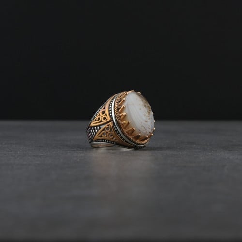 خاتم رجالي فضة استرليني مزين بحجر عقيق أبيض