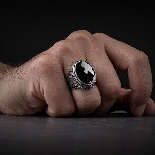 خاتم رجالي فضة استرليني مزين بحجر زركون أسود