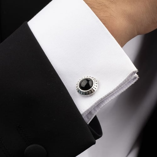 كبك رجالي فضة مع حجر أونيكس أسود