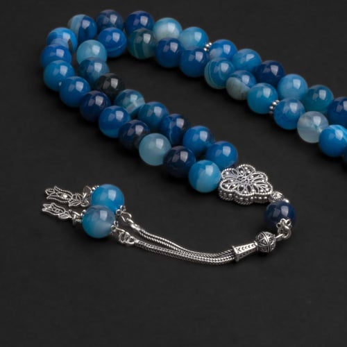 سبحة بحجر عقيق أزرق مع شكة فضة 10 مل