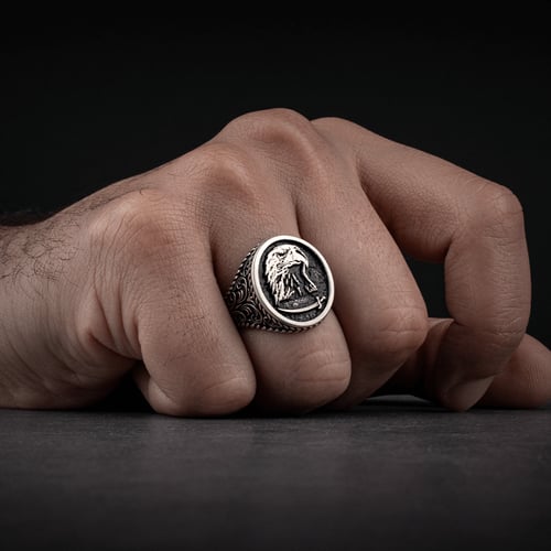 خاتم رجالي فضة استرليني مع بتصميم رأس النسر