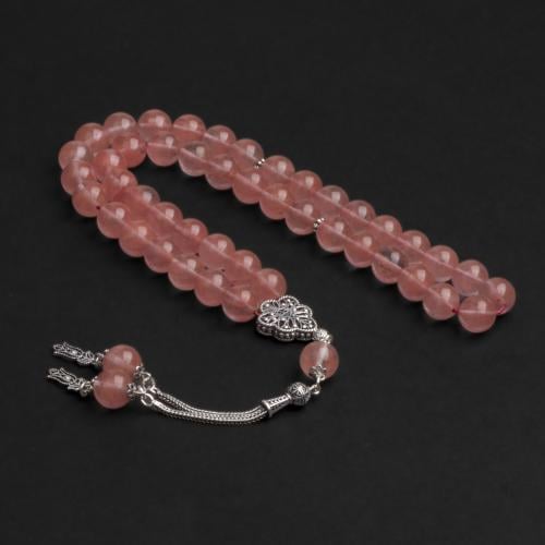 سبحة بحجر الكوارتز الزهري المرجاني مع شكة فضة 10مل