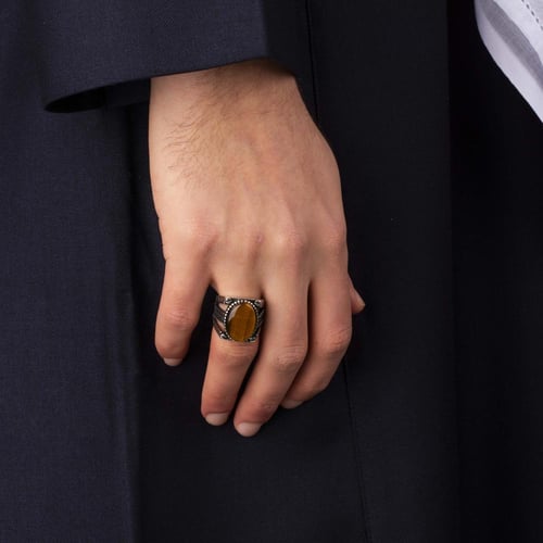 خاتم رجالي فضة بحجر عين النمر