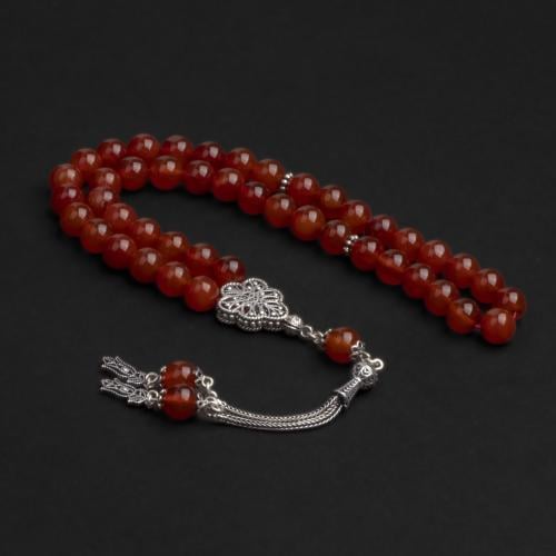 سبحة بحجر عقيق أحمر مع شكة فضة 8مل