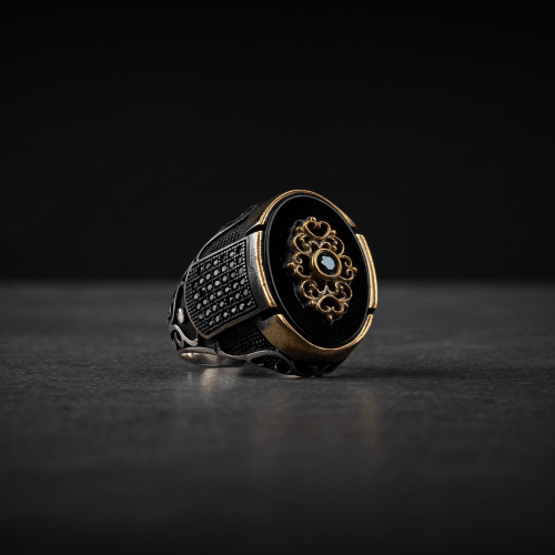 خاتم رجالي فضة استرليني مزين بحجر أونيكس أسود