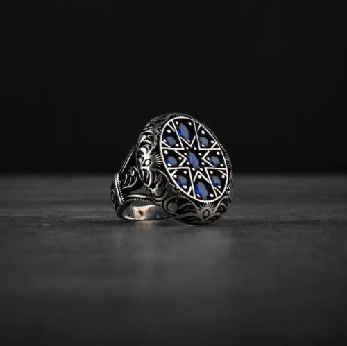 خاتم رجالي فضة استرليني مزين بحجر زركون أزرق
