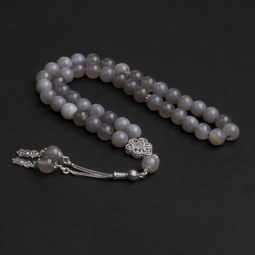 سبحة بحجر عقيق رمادي مع شكة فضة 10 مل