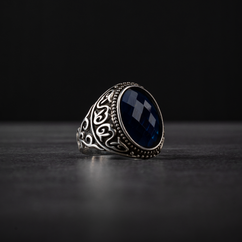 خاتم رجالي فضة استرليني مزين بحجر زركون أزرق