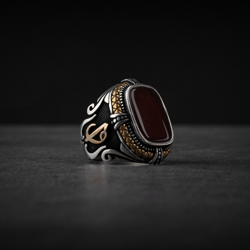 خاتم رجالي فضة استرليني مزين بحجر عقيق أحمر