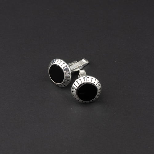 كبك رجالي فضة مع حجر أونيكس أسود