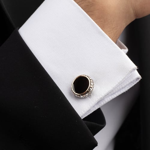 كبك رجالي فضة مع حجر أونيكس أسود