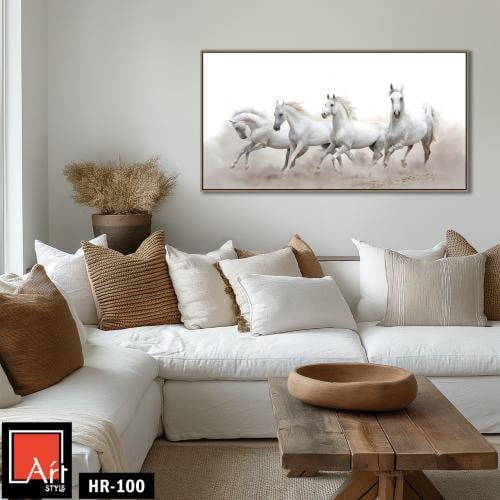 HR100 لوحة فنية معاصرة تصور مجموعة من الخيول البيض...