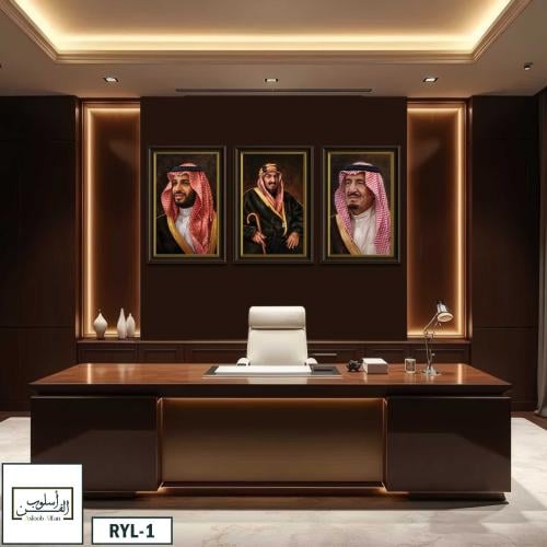 A distinctive triptych artwork showcasing the Kings of Saudi Arabia in an elegant and luxurious style.