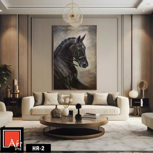 HR2 لوحة فنية فاخرة تصور حصاناً أسود بتفصيل واقعية...
