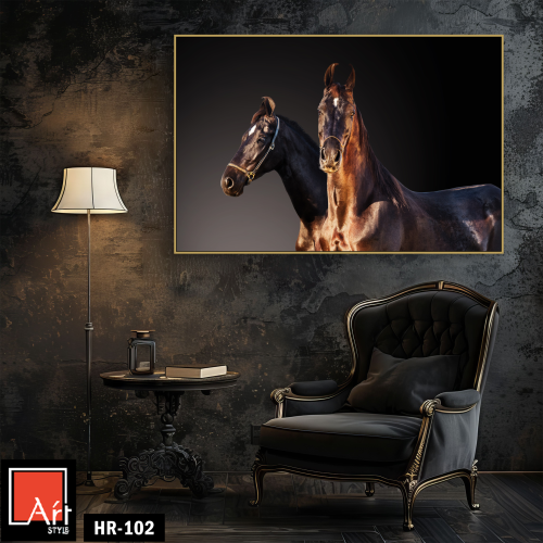 HR102 للوحة فنية معاصرة تصور حصانين أحدهما بني وال...