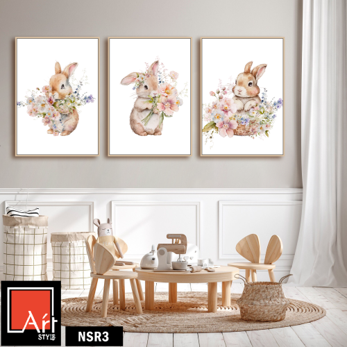 NSR3 ثلاث لوحات أطفال لأرانب تحمل باقات زهور بألوا...