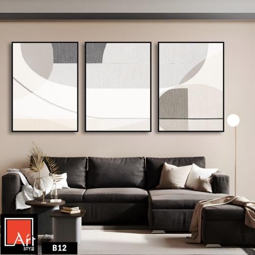 B12 ثلاث لوحات هندسية بألوان محايدة.