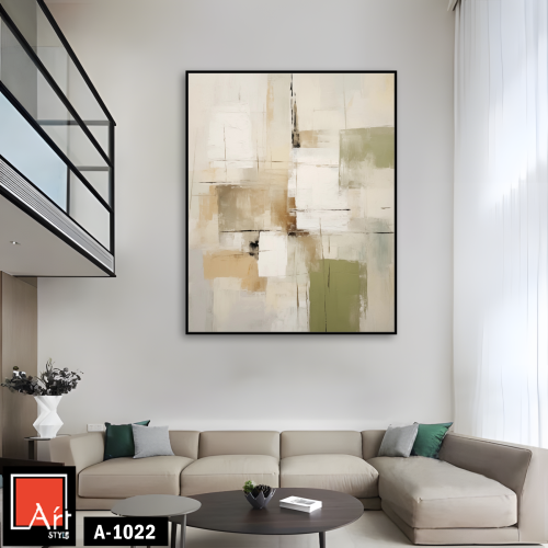 A1022 لوحة تجريدية بألوان حيادية وخضراء