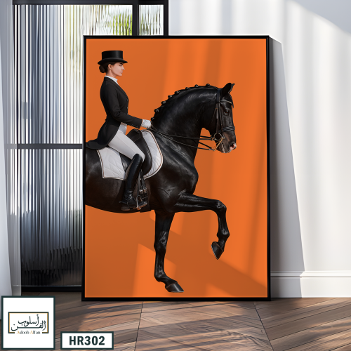 HR302 لوحة فنية معاصرة تُجسّد فارسة محترفة تمتطي ح...