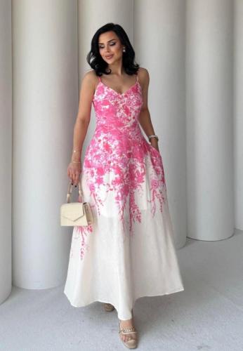 “فستان وردي أبيض ماكسي بستايل زهري