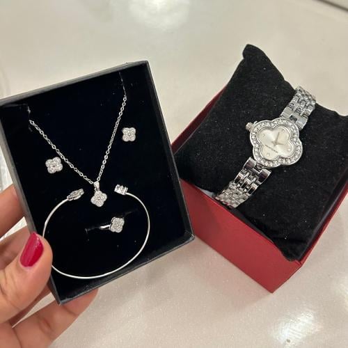 طقم مجوهرات شبيه فان كليف الفضي ,6 قطع ,عقد ,ساعة...