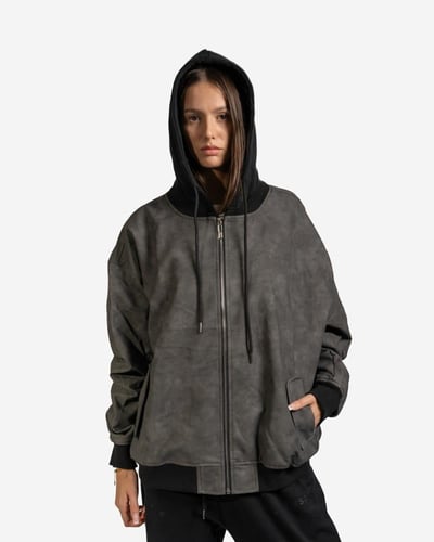 Gray acid-treated leather jacket with hoodie