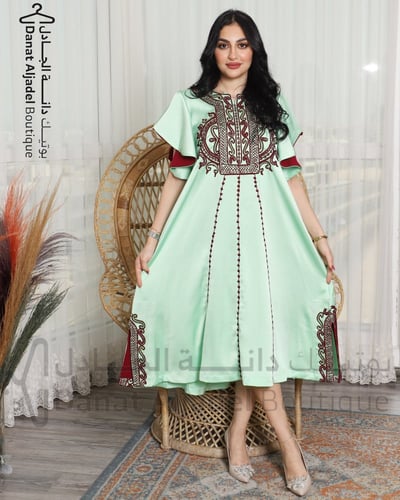 فستان حرير اخضر تفاحي شك وتطريز DJ#43