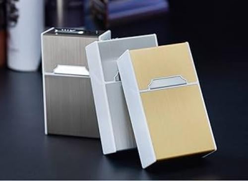 A slim metal cigarette box