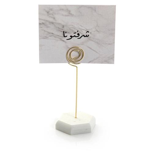 Metal card stand with a hexagonal marble base - wh...