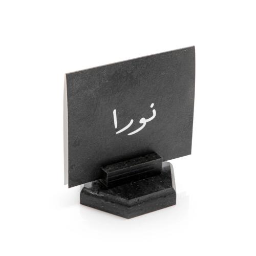 Metal card stand with a hexagonal marble base - bl...