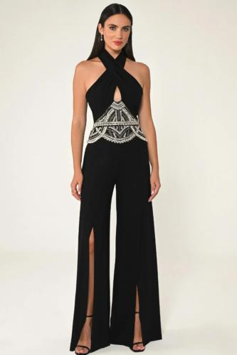 Long jumpsuit made of crepe with a crossed tie and a bow at the waist