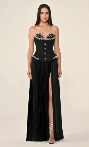 A long dress of satin corset with a skirt of crepe