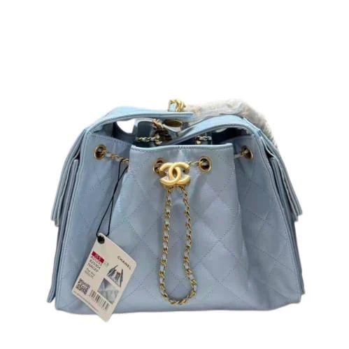 Chanel Caviar Drawstring Bucket Bag - Light Blue - Gold-Tone Metal