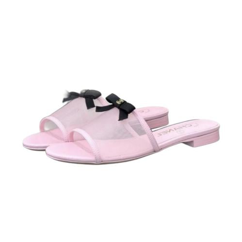 Chanel Pink Slide with Black Bow and CC Logo