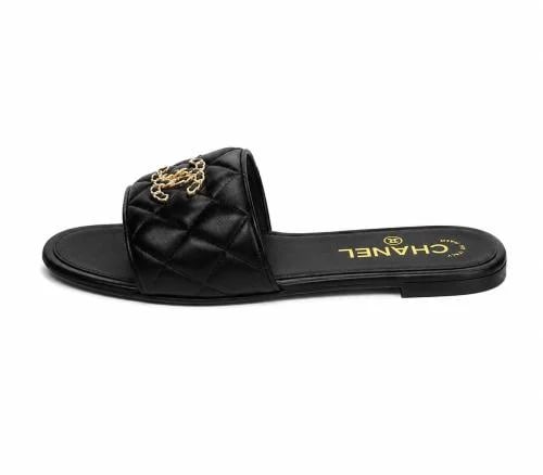 Chanel Quilted Black Slide with Gold Chain Logo