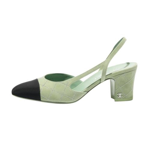 Chanel Suede Slingback Light Green Black Block Heel